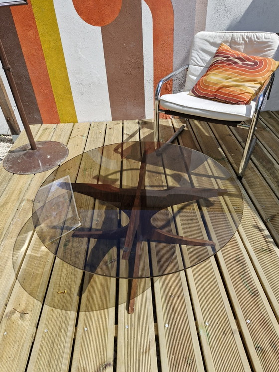Image 1 of Vintage coffee table from the 1960s/70s after Hugues Poignant, smoked glass & teak