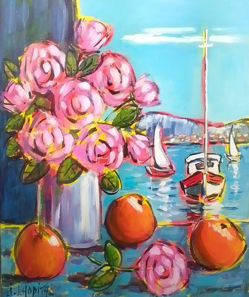 Joel LHOPITAL - Bouquet at the Window - Artist's Painting – schilderijen tekeningen, Canvas