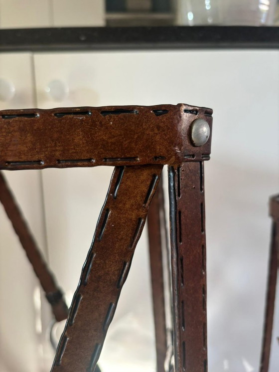 Image 1 of Unique set of 3 console tables – France, 1970s – in the style of Jacques Adnet – iron (imitation leather) and glass