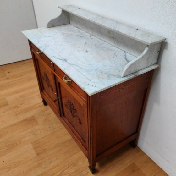 Image 1 of Vintage Antiek dressoir commode ladekast badkamermeubel met marmer blad