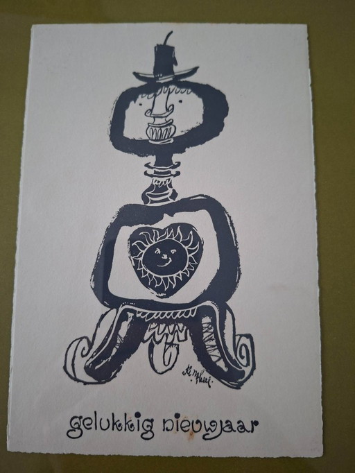 2 litografie Cartoline di Capodanno opera grafica Jan van Heel anni '50