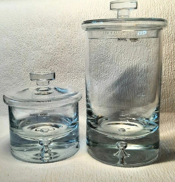 Image 1 of Set of 2 Vintage Krosno Bonny Bonbonnières Mouth-blown Crystal Glass with Lid