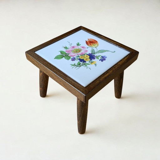 Rare vintage mini flower table with tile motif - poppy blossom - 60s