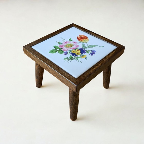Image 1 of Rare vintage mini flower table with tile motif - poppy blossom - 60s