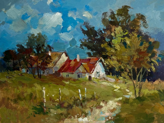 Image 1 of Origineel olieverfschilderij: Zomerdorplandschap met huizen in het bos.