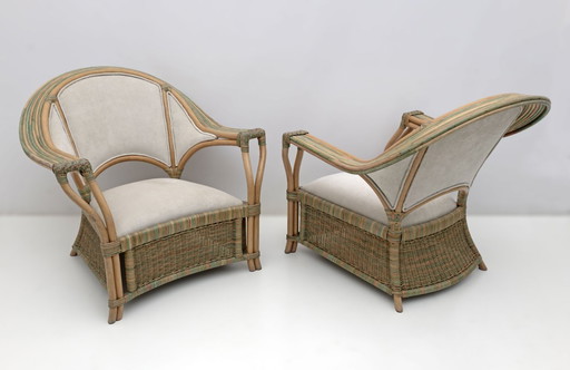 Pair of Mid-century Modern Italian Rattan and Wicker Armchairs, 1970s