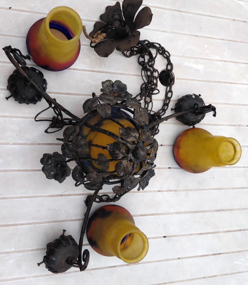 Lámpara de araña Muller Frères, 4 cristalería firmada – kroonluchters, Glass, Iron