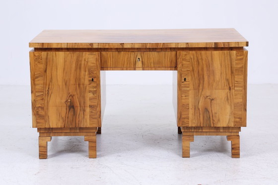 Image 1 of Art Déco desk 1920s original | Antique walnut office desk | Vintage wooden executive desk | #05-18