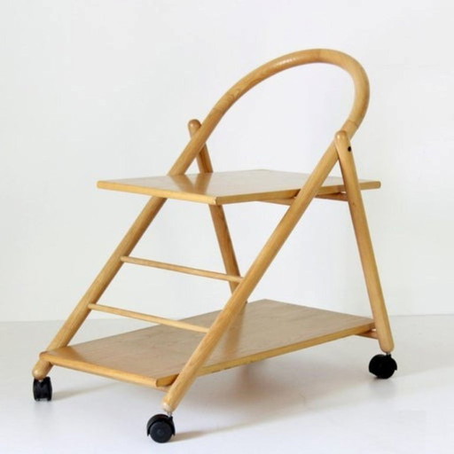 1x Carrello bar vintage con struttura in legno massello e ruote, Italia anni '80