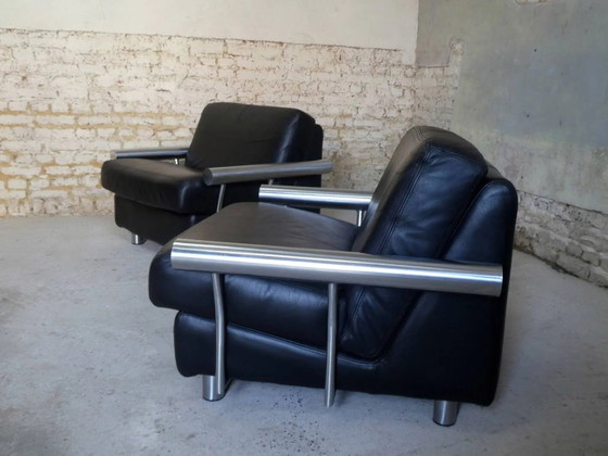pair of armchairs, black leather & stainless steel, 1990 – Vintage (photo 8 of 14)