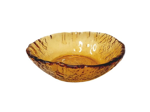 Mid-century amber glass bowl with a textured, bark-like pattern