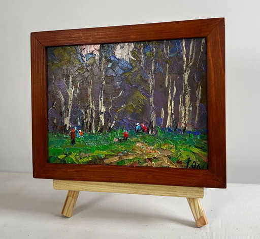 Original Oil Painting Gloomy Forest Landscape Blooming spring
