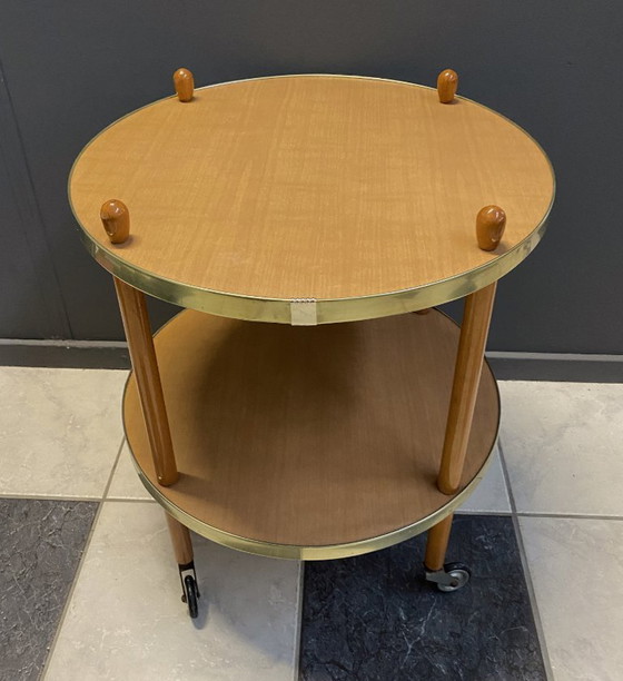 Image 1 of Wood Round Serving Trolley Side Table 1960s