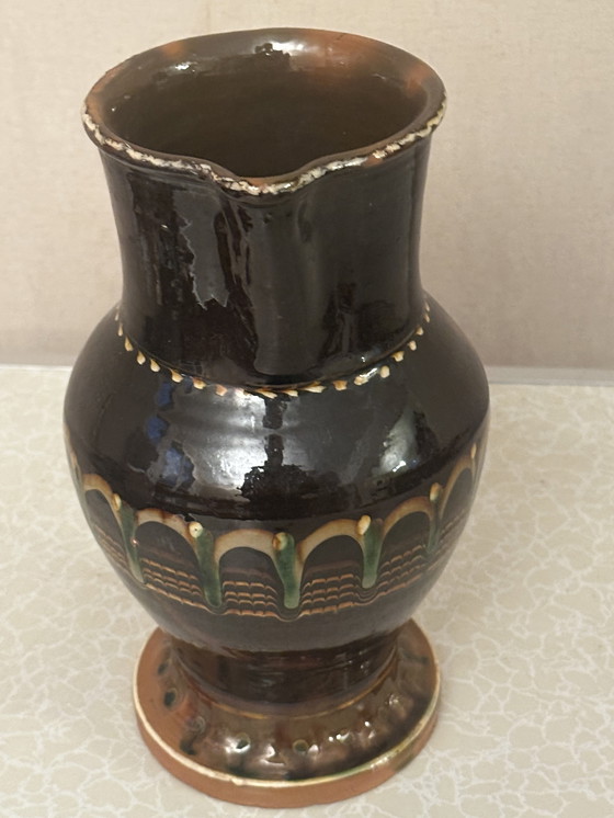Image 1 of Vintage glazed pottery pitcher from Romania H 27 cm