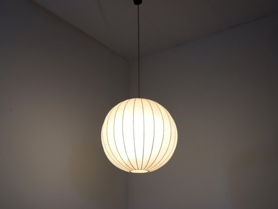 Image 1 of 1970s Italian Cocoon Globe Pendant Lamp with teak details
