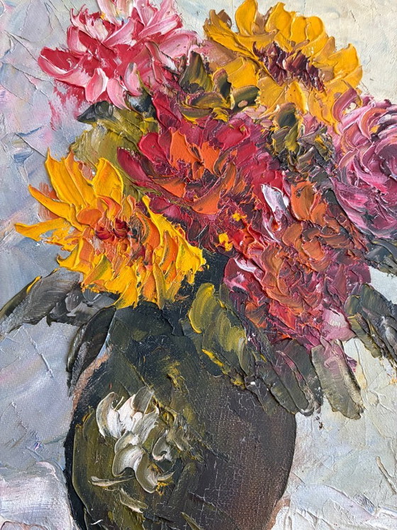 Image 1 of Antique oil painting, still life, bouquet of dahlias