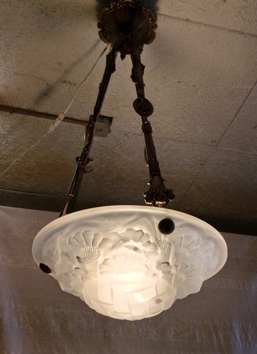 Lampada a sospensione Art Déco in bronzo e vetreria Degué - anni '30/'40