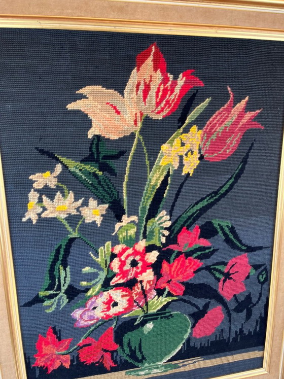 Tapisserie vintage bouquet de fleurs, Objets d'art, Textile, Bois, Noir (photo 3 sur 6)