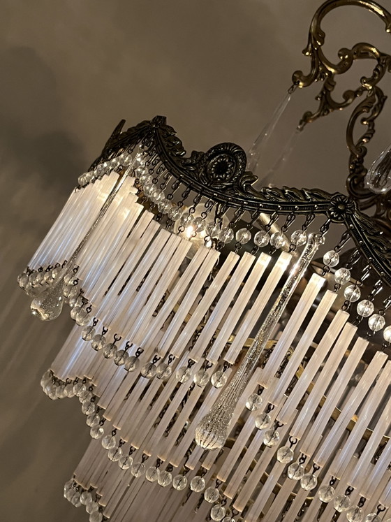 Vintage Bronze Art Nouveau Chandelier Opal Rods and Teardrop Pebbles – Crystal (photo 11 of 13)