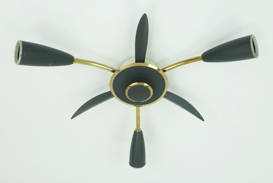 Image 1 of Plafoniera a 3 luci Sputnik della metà del secolo scorso in ottone e metallo grigio scuro