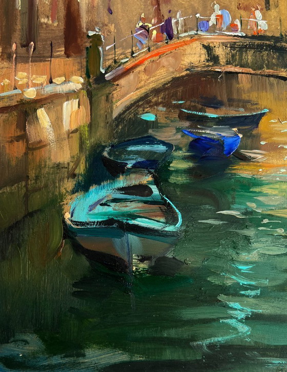 Image 1 of Original Oil Painting City River Landscape The busy streets of Venice