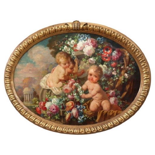 Cherubs With Flowers, Oil Painting On Board Signed, Italy Early 20th Century – schilderijen tekeningen, Wood