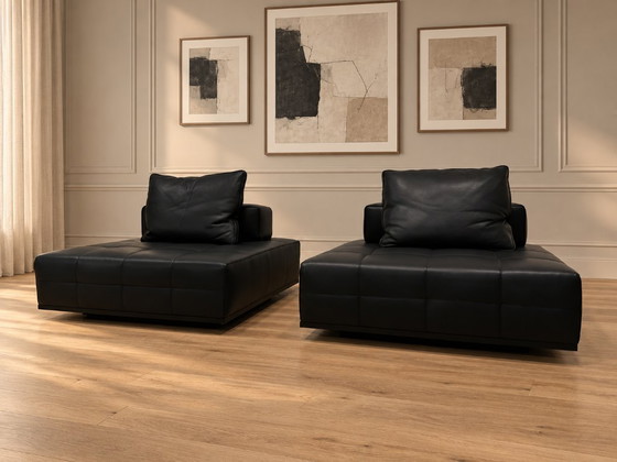 Minotti Lawrence Element Schwarzes Leder (2x), 2 Sitzer Sofas, Modern (Foto 3 von 19)