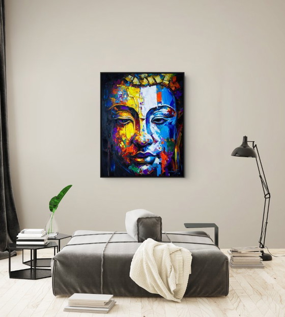 Image 1 of Uniek handgeschilderd Boeddha schilderij “Golden Balance” – Seksak Jaichumchen – 80×100 cm