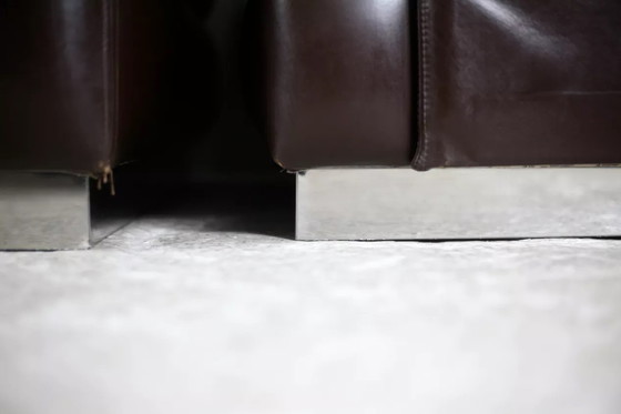 Image 1 of 2x Bruine Leren Fauteuils Roestvrijstalen Poten