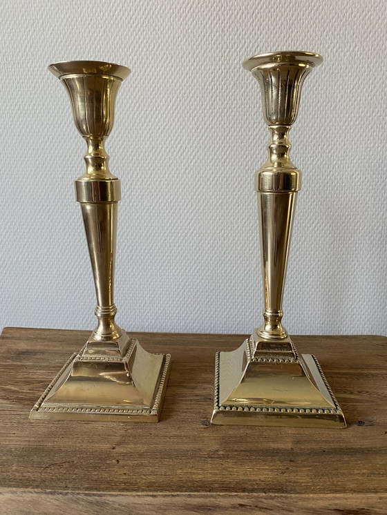 Image 1 of 2 large vintage brass candlesticks pearl rim