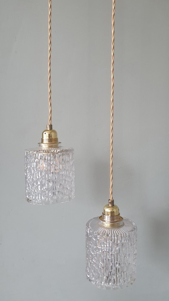 Image 1 of Set van 2 Vintage hanglampen - crackle glass - textuur - midcentury design
