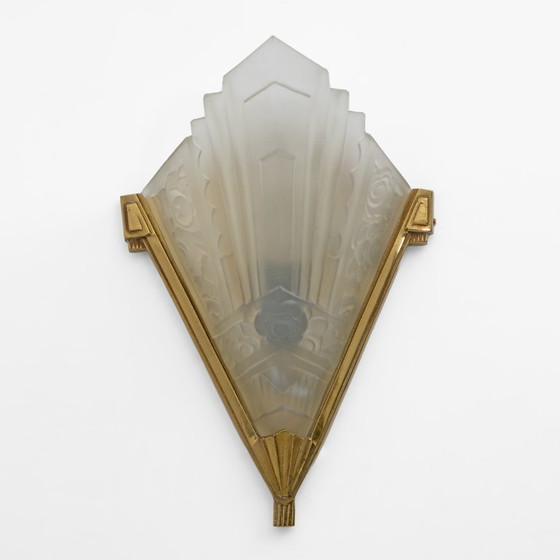 Image 1 of Pair of Art Deco Pressed Glass and Brass Sconces, France, 1930s
