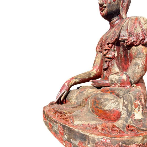Antique Wooden Buddha Statue from Burma - Large Mandalay Buddha with Mirror Inlay – Sculpture (photo 15 of 18)