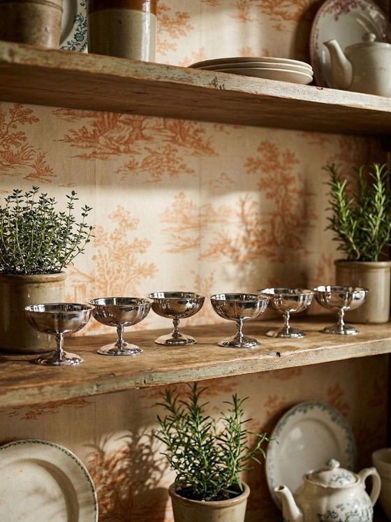 Image 1 of 6 Vintage-style bistro-style stainless steel dessert bowls on feet