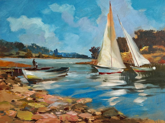 Image 1 of Original Oil Painting River Boats Landscape Sailing on a yacht