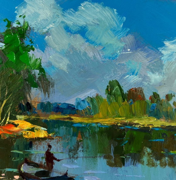 Image 1 of Original Oil Painting Summer River Landscape River carries a boat through silence
