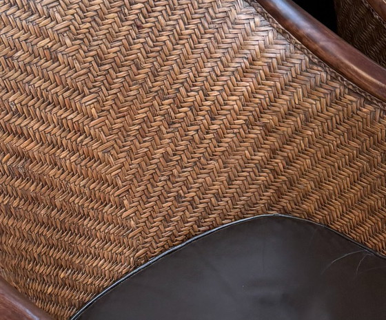 Two vintage armchairs in wicker and leather, Wood, Brown (photo 3 of 5)