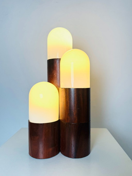 Lampe de table sculpturale en forme de dôme, en palissandre cylindrique, Brésil, vers 1960 – tafellampen, Glass, Wood