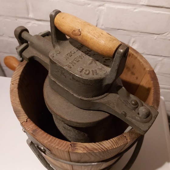 Image 1 of Antique Husqvarna butter barrel with cast iron mill