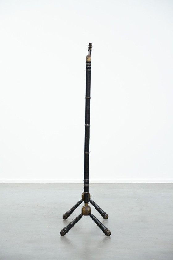 Image 1 of Antiek Frans faux bamboo haardscherm met een luxe stof