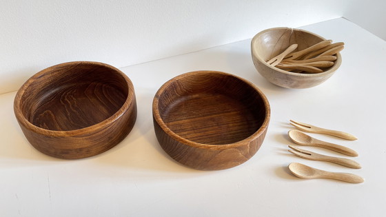 Image 1 of Set di 3 ciotole + 12 mini posate in legno e teak