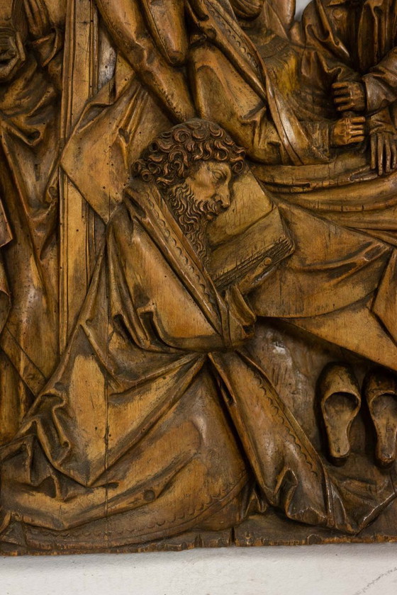 Image 1 of Retable rhénan, Dormition en bois sculpté en bas-relief, XIXe siècle