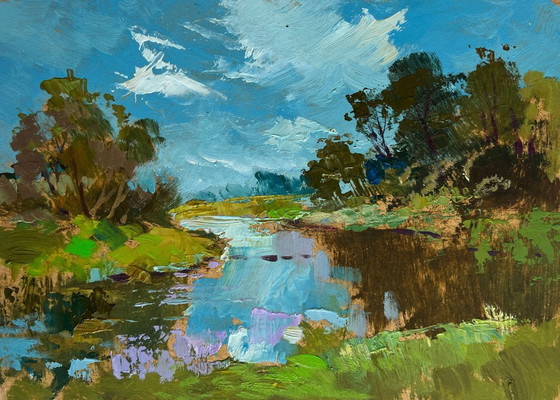 Image 1 of Original Oil Painting Summer River Landscape The Winding River