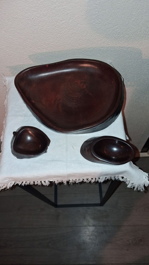 Vintage Handgeschnitztes Brasilianisches Hartholz Servierset – Galeria de Arte Brasileira (3-teilig)