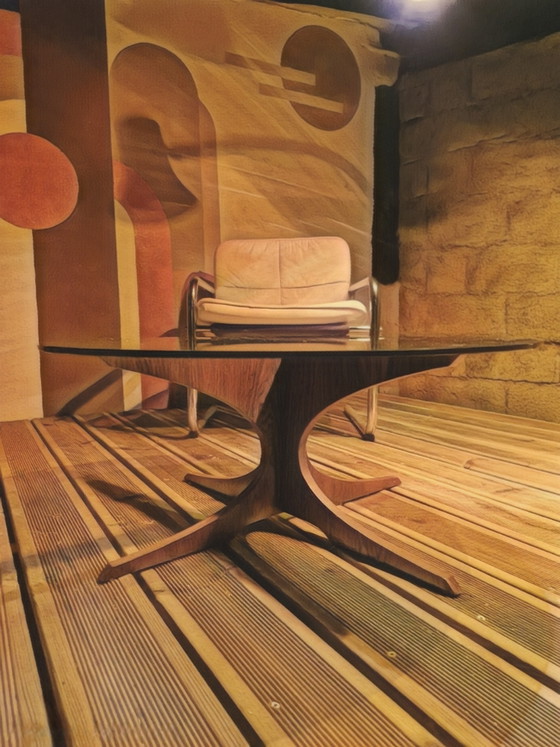 Image 1 of Vintage coffee table from the 1960s/70s after Hugues Poignant, smoked glass & teak