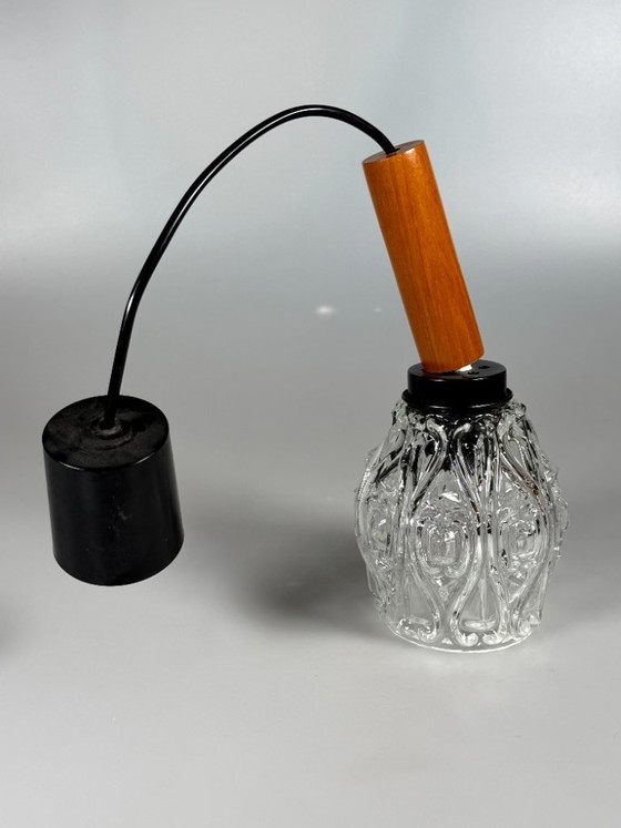 Plafondlamp/hanglamp uit de jaren 60/70 van teakhout en glas, design in de stijl van de mid-century space (photo 8 of 10)