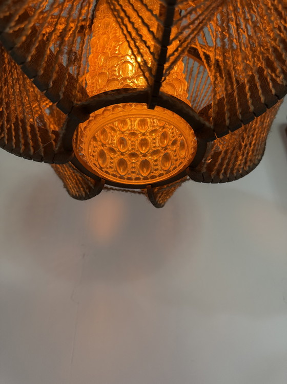Image 1 of Vintage Danish pendant lamp in glass, wool & wood ‘60s
