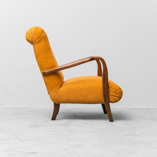 Vintage-Sessel aus skandinavischem Stil, orangefarbener Stoff und Holz, 60er Jahre, moderne Antiquitäten