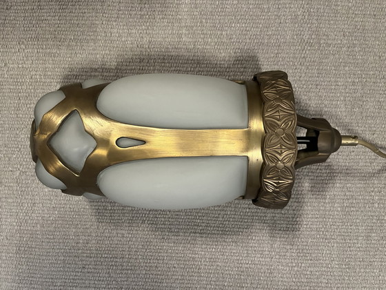 Image 1 of Vladimir Kriatkow lamp, bronze with milk glass, hand-blown using a traditional technique. Made in India.