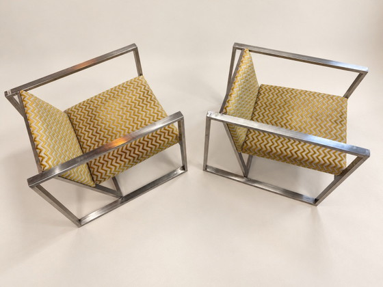 Coppia di Poltrone Lounge Design Italiano Anni '70 - Struttura Cromata, rvs, Tessile, Giallo (foto 3 di 5)